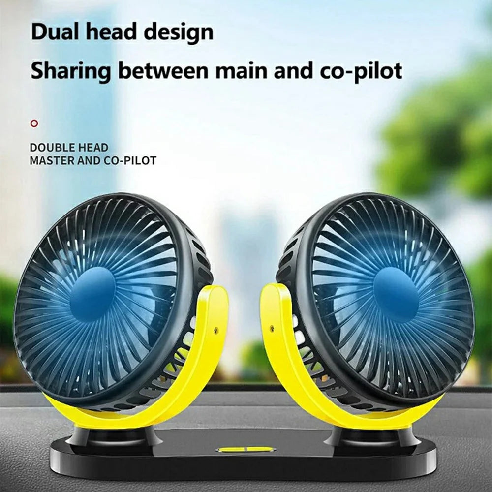 12V / 24V Car USB Fan 360 Degree Rotatable 3-Speed Adjustable Dual Head Desktop Silent Fan for Dashboard - Black - 3