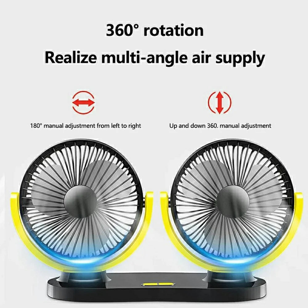 12V / 24V Car USB Fan 360 Degree Rotatable 3-Speed Adjustable Dual Head Desktop Silent Fan for Dashboard - Black - 5
