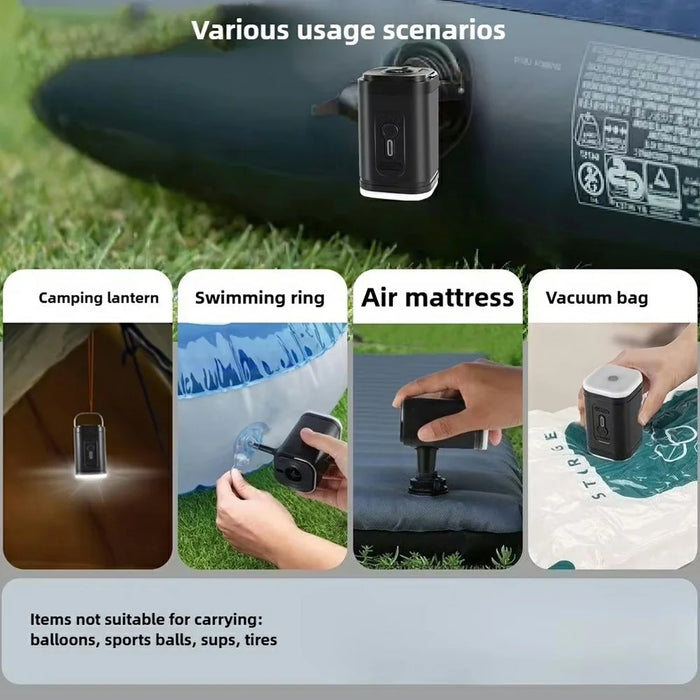 2400mAh Mini Electric Air Pump with 5 Air Nozzles Cordless Inflator with LED Light for Camping - Black - 2
