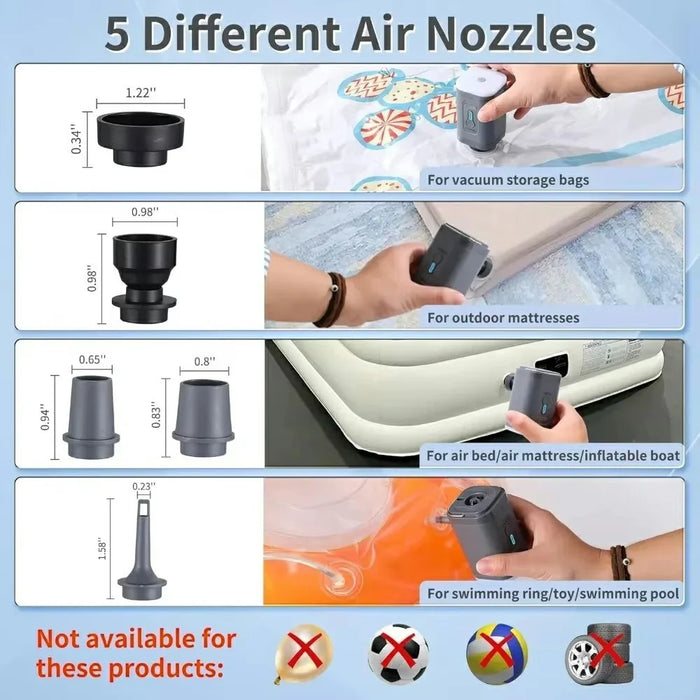 2400mAh Mini Electric Air Pump with 5 Air Nozzles Cordless Inflator with LED Light for Camping - Black - 4