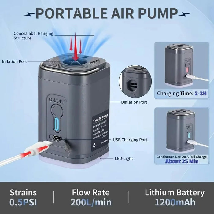 2400mAh Mini Electric Air Pump with 5 Air Nozzles Cordless Inflator with LED Light for Camping - Black - 5