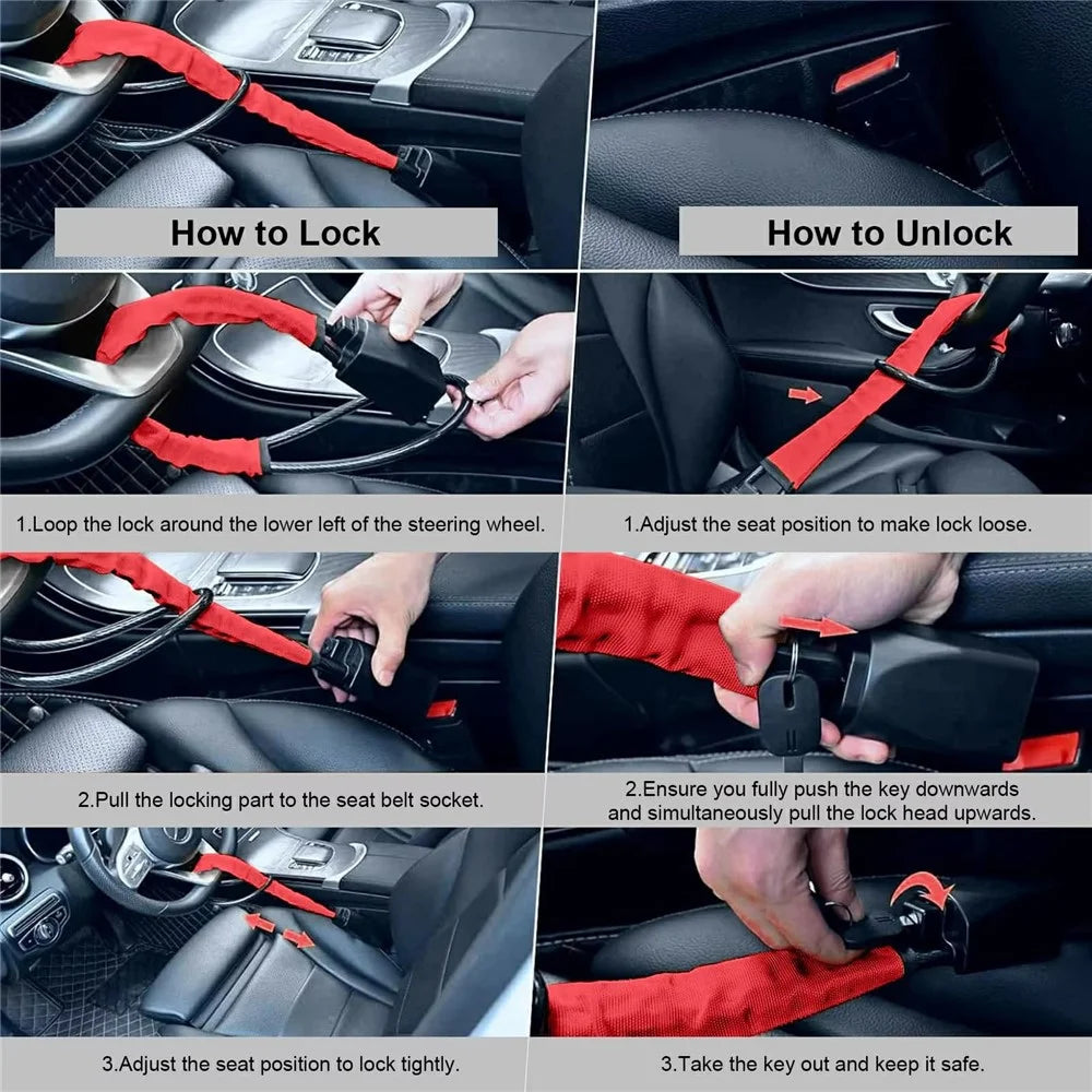 70cm Car Steering Wheel Lock Thickened Steel Wire Anti-Theft Lock with 3 Keys for Truck / SUV / Van - Red - 2