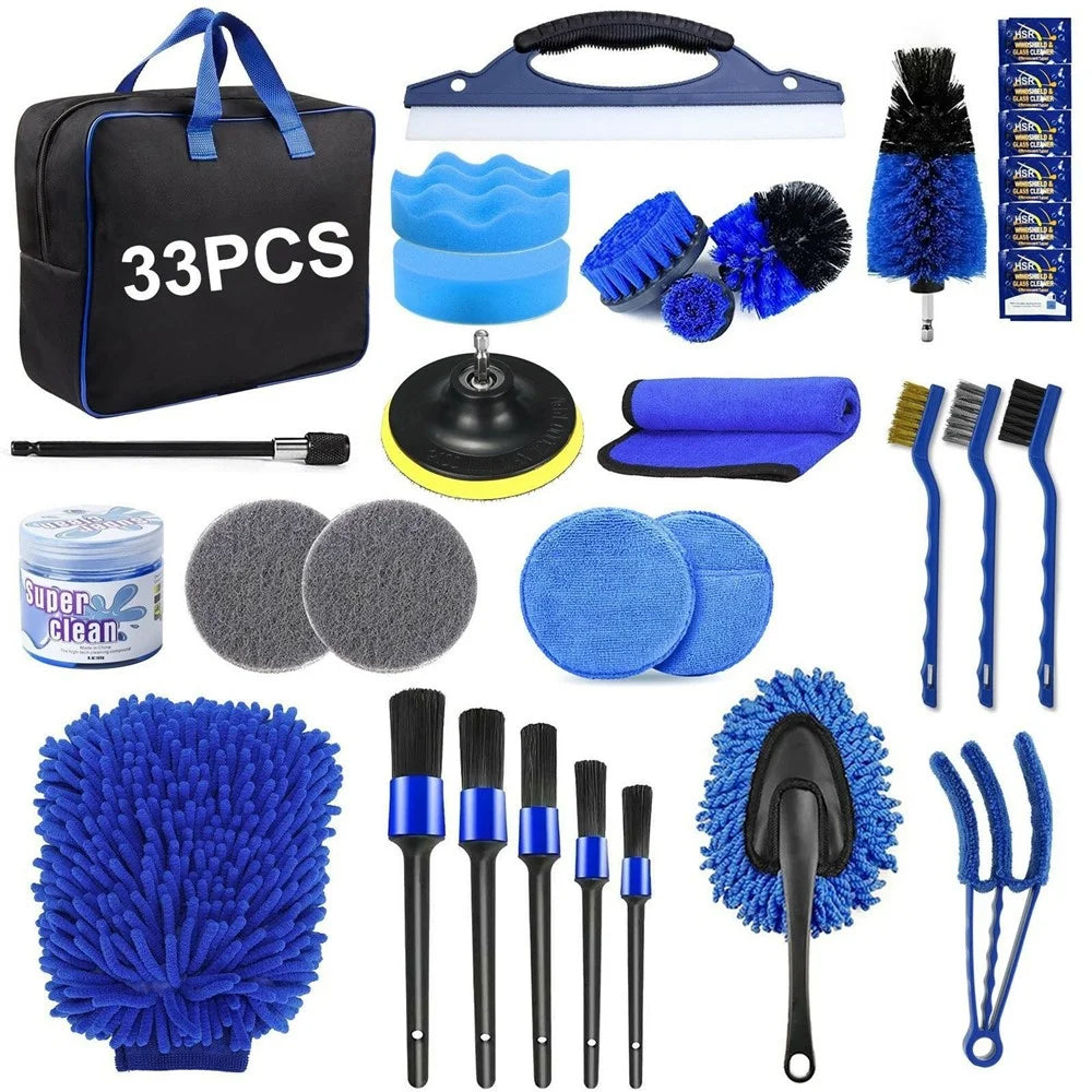 33Pcs Car Cleaning Kit Auto Detailing Tools Drill Brush Microfiber Towel Tire Brush for Interior Exterior - 1