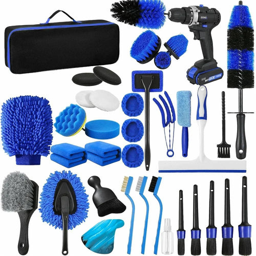 37Pcs Car Cleaning Kit Drill Brush Set Detailing Tools with Wash Mitts Polish Pads Towels for Auto - 1