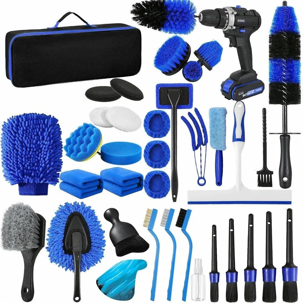 37Pcs Car Cleaning Kit Drill Brush Set Detailing Tools with Wash Mitts Polish Pads Towels for Auto - 1