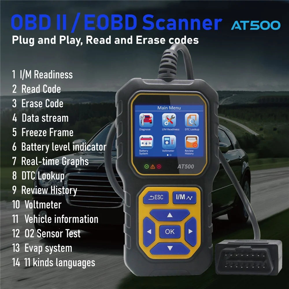 AT500 OBD2 Scanner 2.4 Inch Color TFT Screen Automotive Diagnostic Tool Battery Test for Cars - Black  /  Yellow - 2