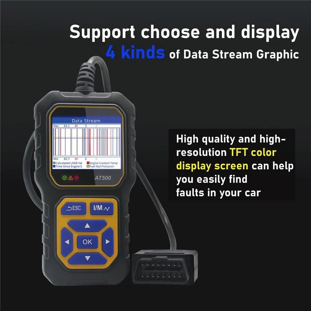 AT500 OBD2 Scanner 2.4 Inch Color TFT Screen Automotive Diagnostic Tool Battery Test for Cars - Black  /  Yellow - 5