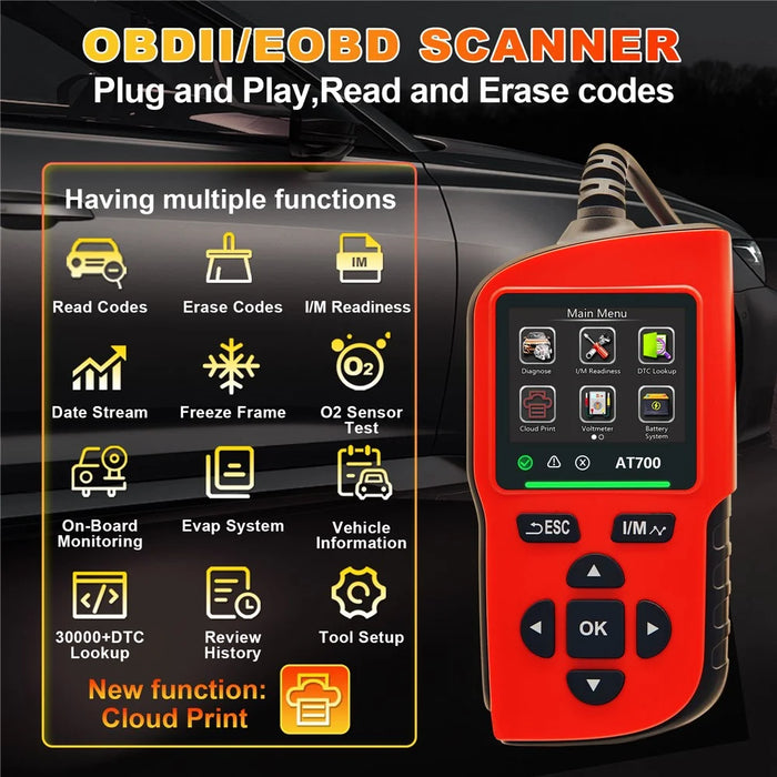 AT700 OBD2 Scanner 2.4 Inch TFT Screen Battery Test Car Diagnostic Tool Support Cloud Print - Red - 2