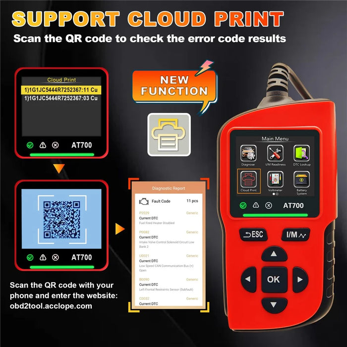 AT700 OBD2 Scanner 2.4 Inch TFT Screen Battery Test Car Diagnostic Tool Support Cloud Print - Red - 3