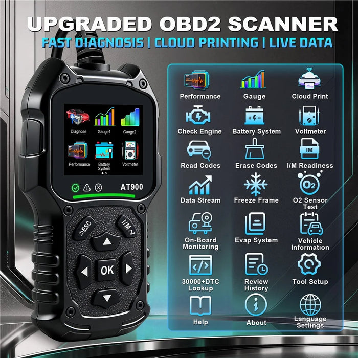 AT900 OBD2 Car Diagnostic Scanner Tool Support Cloud Print 2.4 Inch TFT Screen Battery Tester for Engine Check - Black - 2