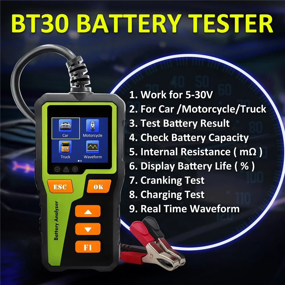 BT30 1.8 Inch TFT Screen Battery Tester Analyzer 6V / 12V / 24V Car Motorcycle Truck Lead Acid Battery Health Tester - 7