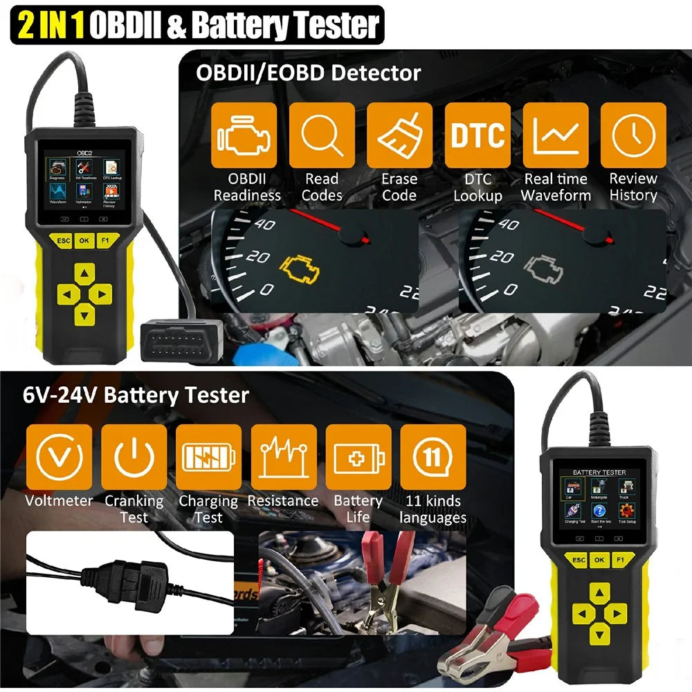 BT80 2 in 1 OBD2 Scanner 6V-24V Battery Tester Diagnostic Tool for Car Motorcycle Truck - 2