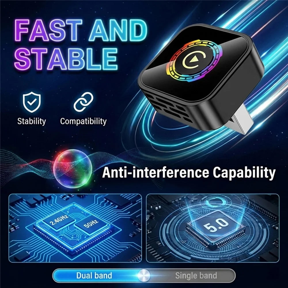 Q1A 2 in 1 Wireless CarPlay Android Auto Adapter BT5.0 Dual Band WiFi USB Dongle with One Button Switching - Black - 6