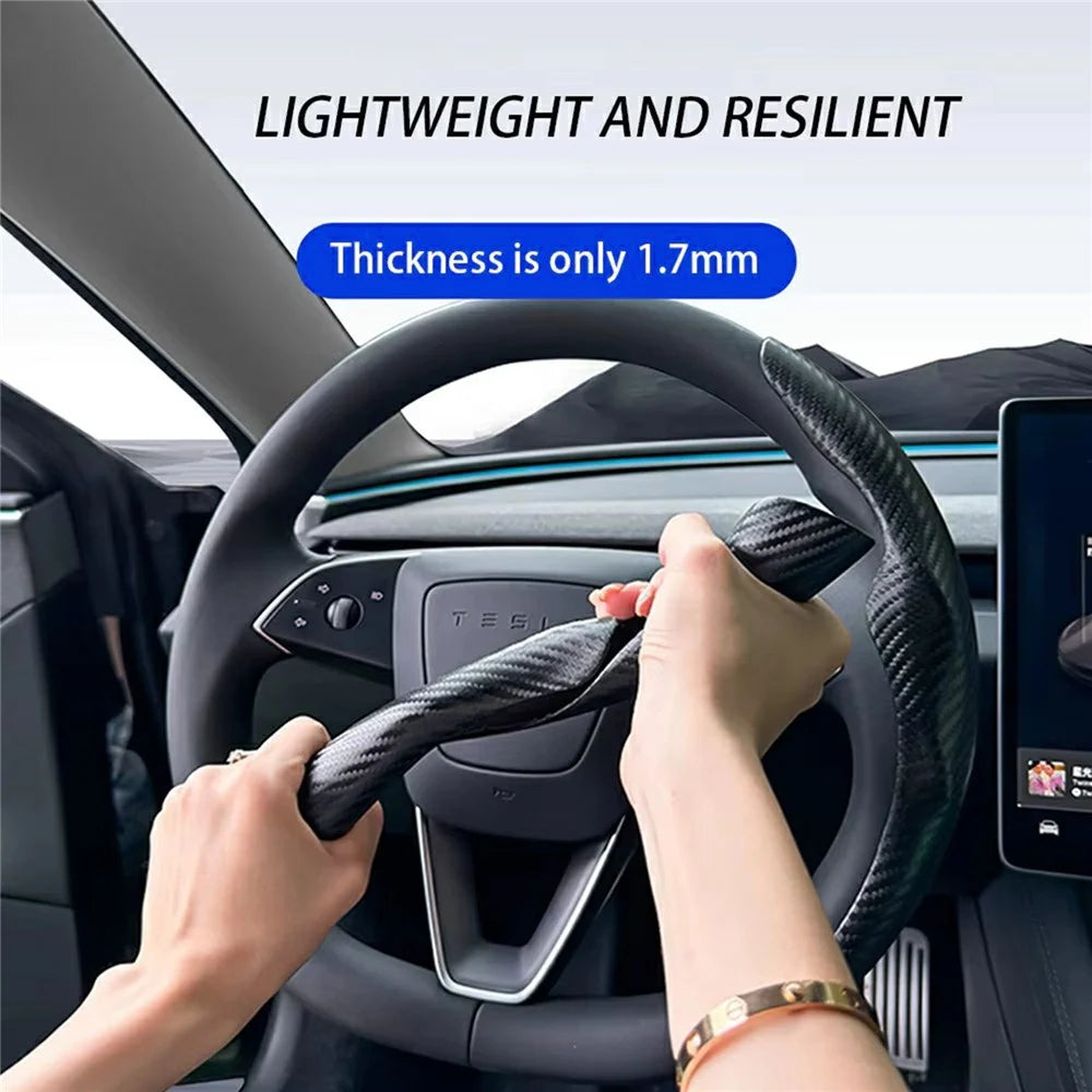 2Pcs Carbon Fiber Steering Wheel Cover Round D-Shaped Anti-Slip Steering Wheel Sleeve for Tesla Model Y  /  Model 3 - 5