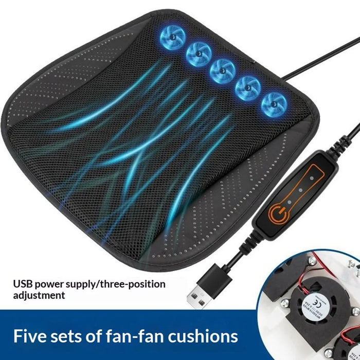 Summer Cooling Seat Cushion with 5 Fans 3-Speed Adjustable USB Car Breathable Mesh Pad - Black - 2