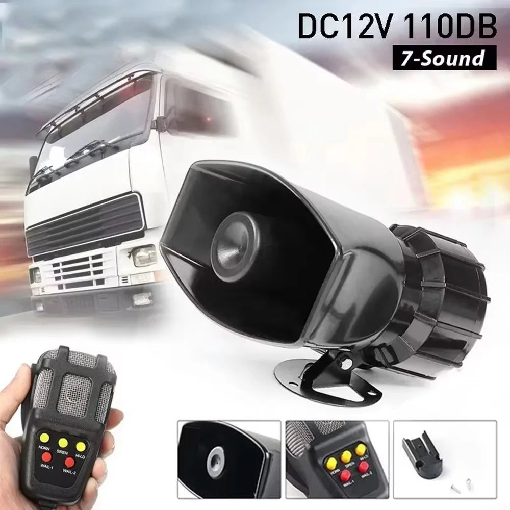 7 Tones 12V Car Horn Siren 110dB Electronic Warning PA System with Microphone Ambulance Loudspeaker - Black - 2
