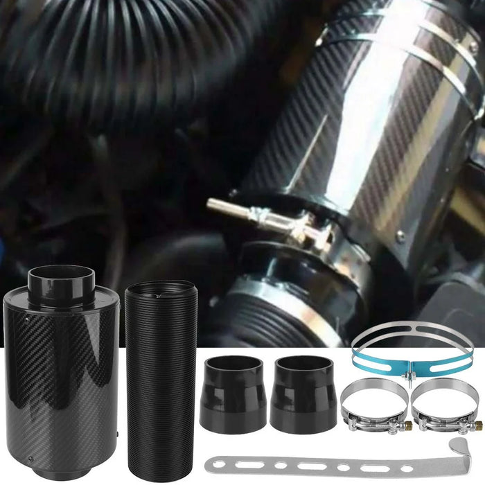 Universal Car Air Intake System Kit with Carbon Fiber Filter Box Flexible Cold Air Pipe - Carbon Fiber Black - 3