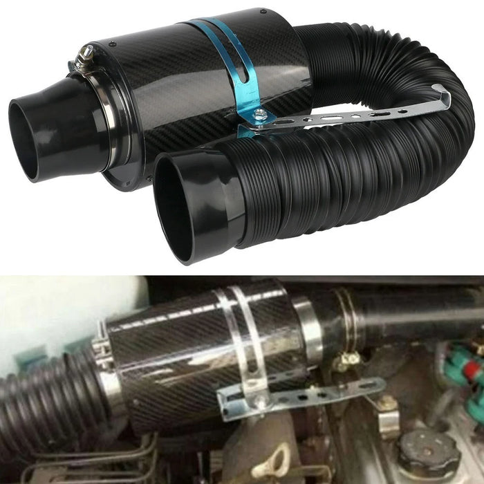 Universal Car Air Intake System Kit with Carbon Fiber Filter Box Flexible Cold Air Pipe - Carbon Fiber Black - 4
