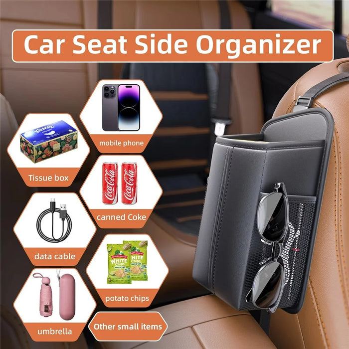 PU Leather Car Seat Side Organizer Tissue Box Holder Multi-Functional Storage Bag with Side Pockets - Black - 2