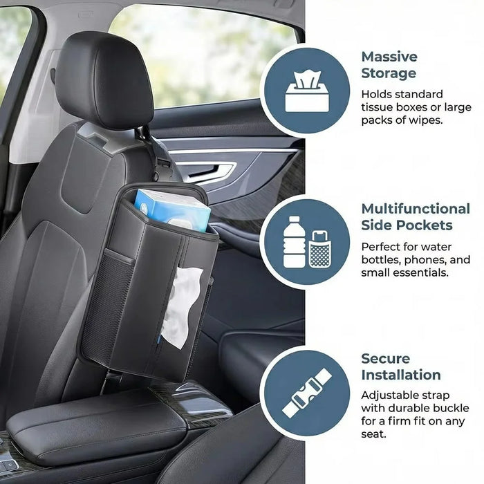 PU Leather Car Seat Side Organizer Tissue Box Holder Multi-Functional Storage Bag with Side Pockets - Black - 3