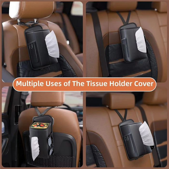 PU Leather Car Seat Side Organizer Tissue Box Holder Multi-Functional Storage Bag with Side Pockets - Black - 5