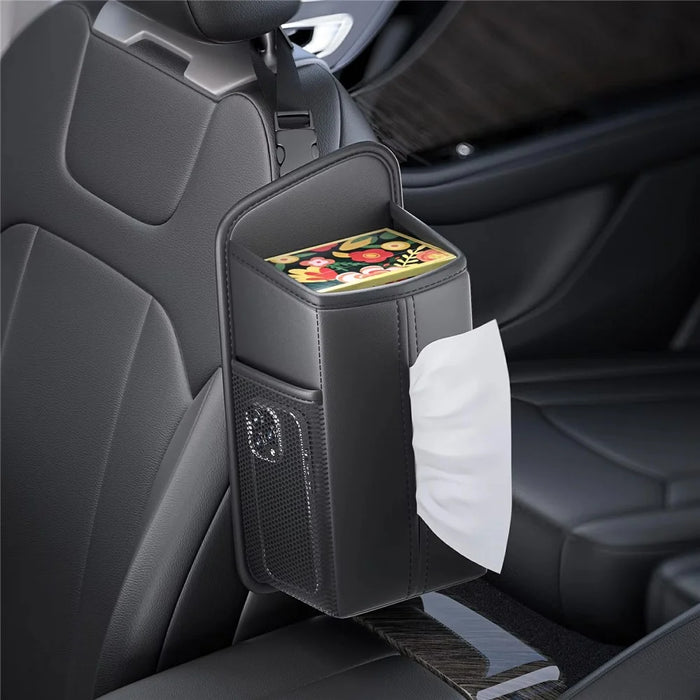 PU Leather Car Seat Side Organizer Tissue Box Holder Multi-Functional Storage Bag with Side Pockets - Black - 6