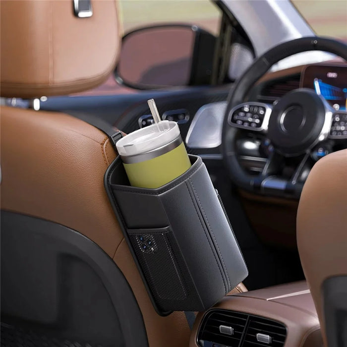 PU Leather Car Seat Side Organizer Tissue Box Holder Multi-Functional Storage Bag with Side Pockets - Black - 7