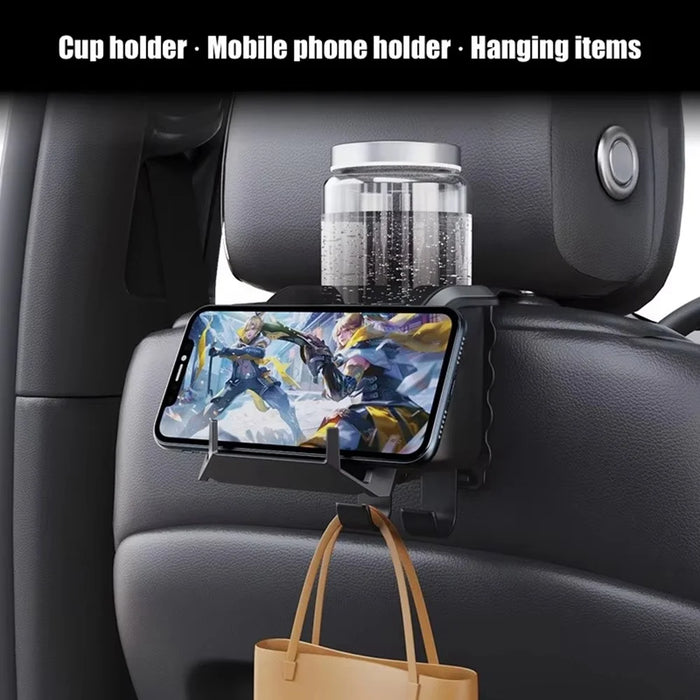 Car Seat Back Cup Holder Organizer with Hooks Multi-Function Headrest Caddy for Drinks Phone Storage - Black - 3