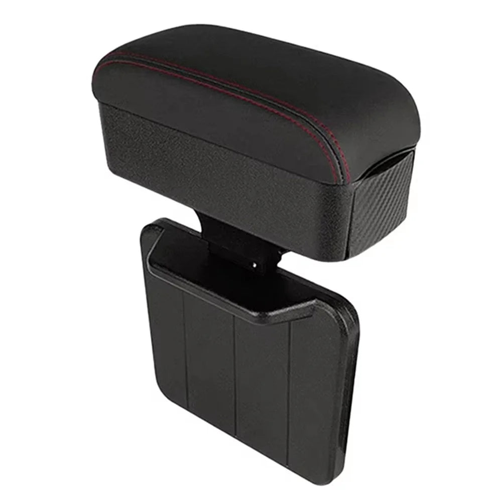 PU Leather Car Armrest Console Organizer Gap Filler Storage Box with Telescopic Cup Holder - Black  /  Red - 1