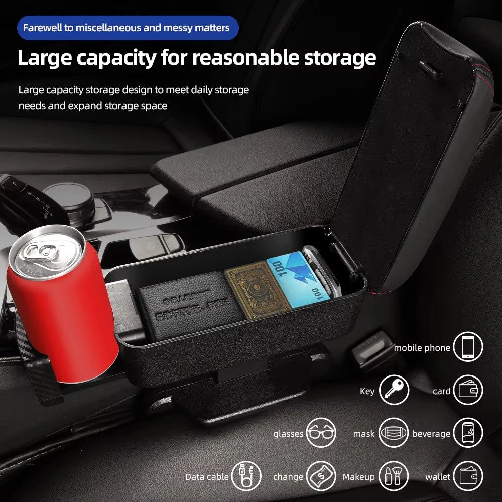 PU Leather Car Armrest Console Organizer Gap Filler Storage Box with Telescopic Cup Holder - Black  /  Red - 3