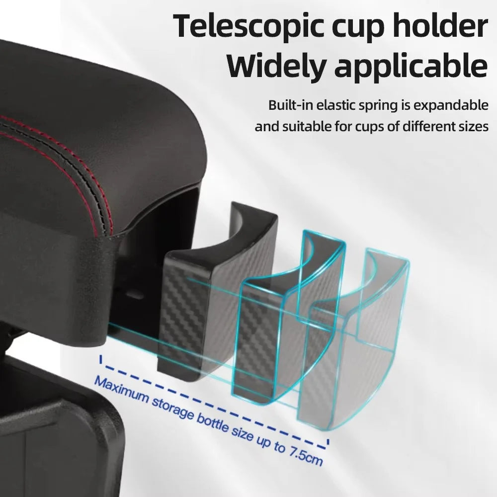 PU Leather Car Armrest Console Organizer Gap Filler Storage Box with Telescopic Cup Holder - Black  /  Red - 6