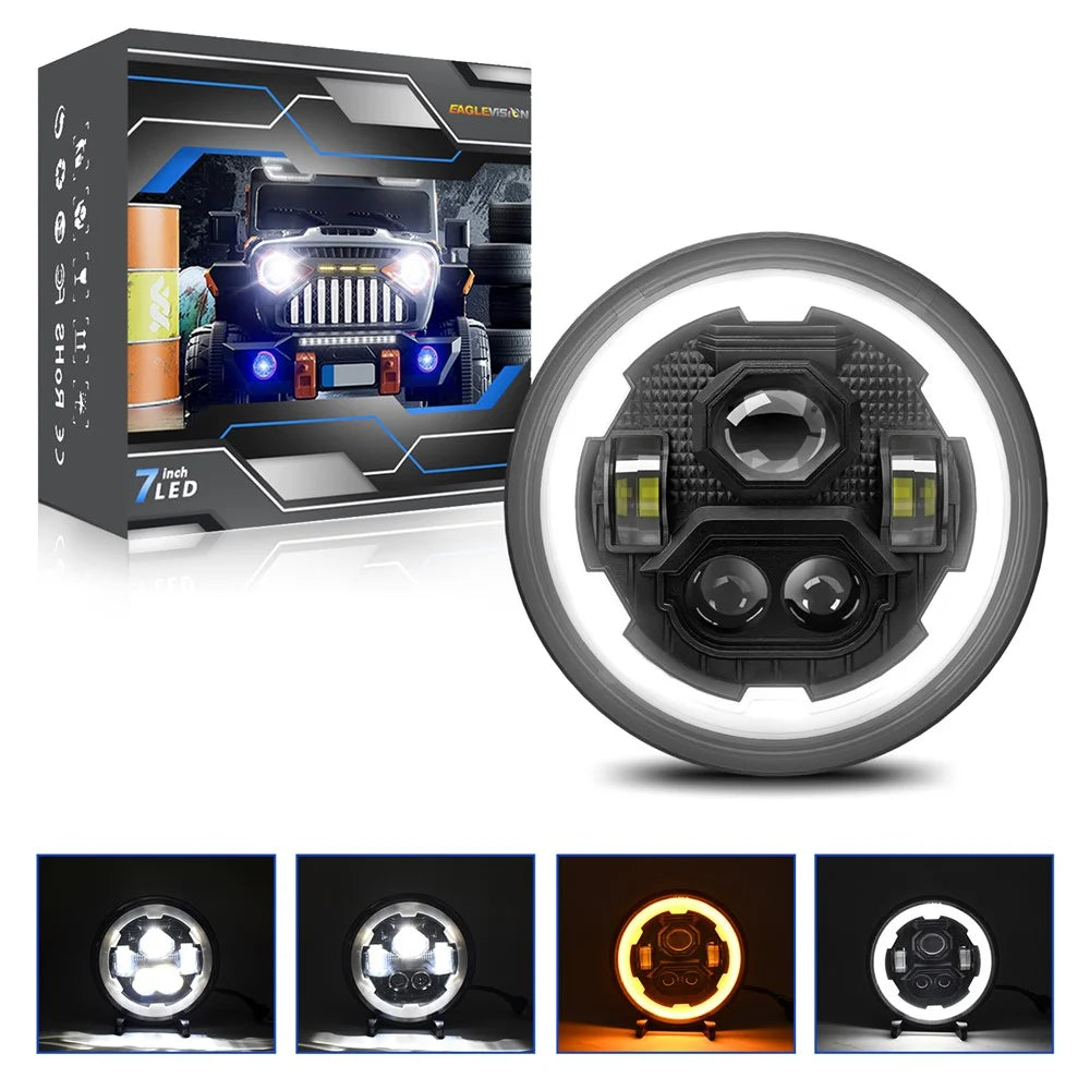 7 Inch Round LED Headlight 4 Modes Angel Eyes Headlamp IP67 Waterproof for Jeep Wrangler Motorcycle - 1