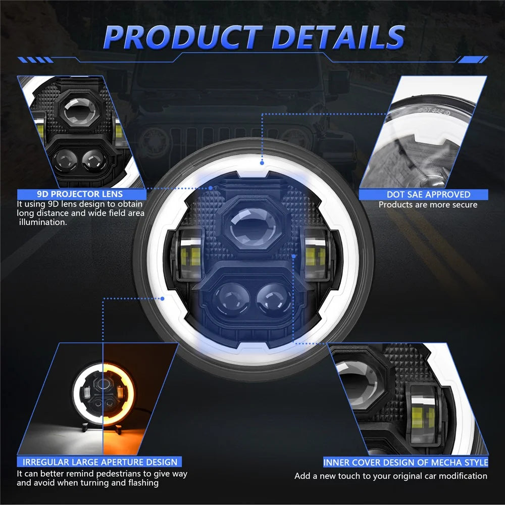 7 Inch Round LED Headlight 4 Modes Angel Eyes Headlamp IP67 Waterproof for Jeep Wrangler Motorcycle - 4