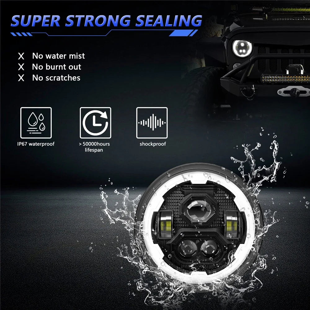 7 Inch Round LED Headlight 4 Modes Angel Eyes Headlamp IP67 Waterproof for Jeep Wrangler Motorcycle - 6