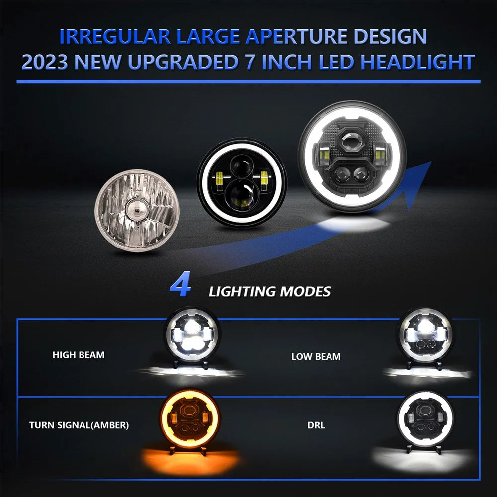 7 Inch Round LED Headlight 4 Modes Angel Eyes Headlamp IP67 Waterproof for Jeep Wrangler Motorcycle - 7