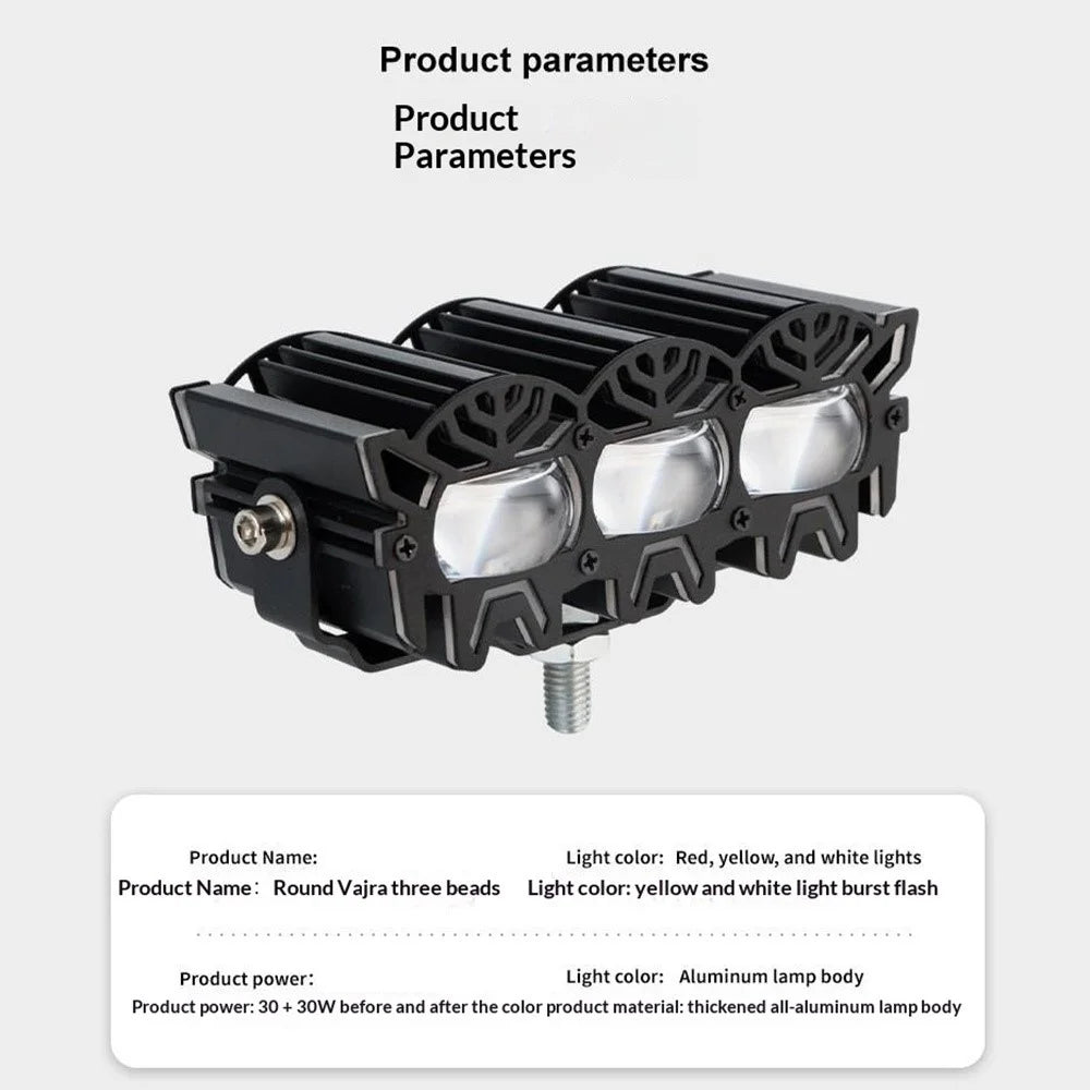V108 3-LED Car Spotlight 30W 12000LM Yellow White Driving Light with Red Warning Mode for RV Motorcycle ATV - Black - 5