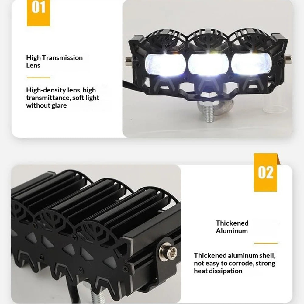 V108 3-LED Car Spotlight 30W 12000LM Yellow White Driving Light with Red Warning Mode for RV Motorcycle ATV - Black - 6