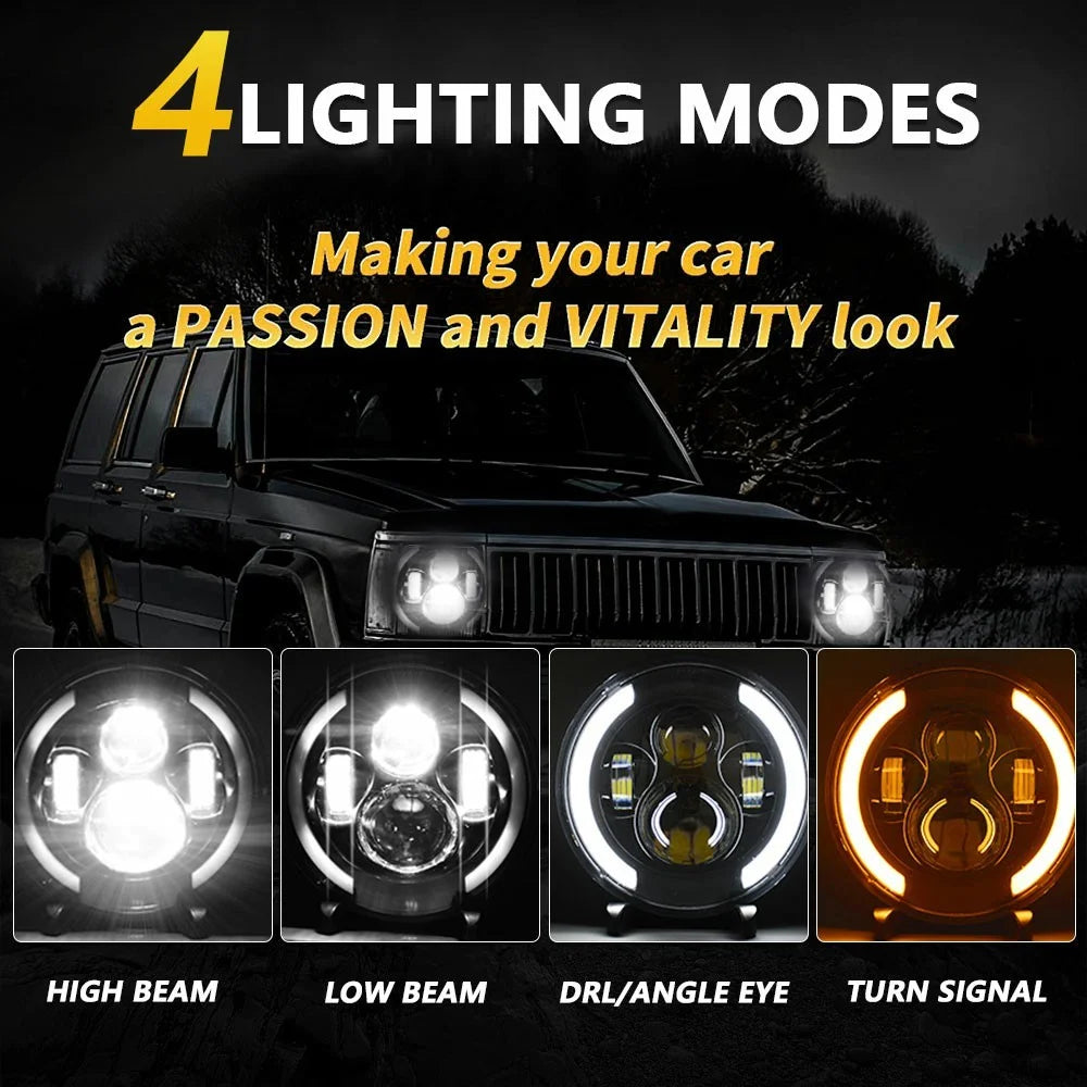 3rd Gen 7 Inch H4 Car LED Headlight Angel Eye Round DRL Turn Signal Lamp for Jeep Wrangler Off-road - 4