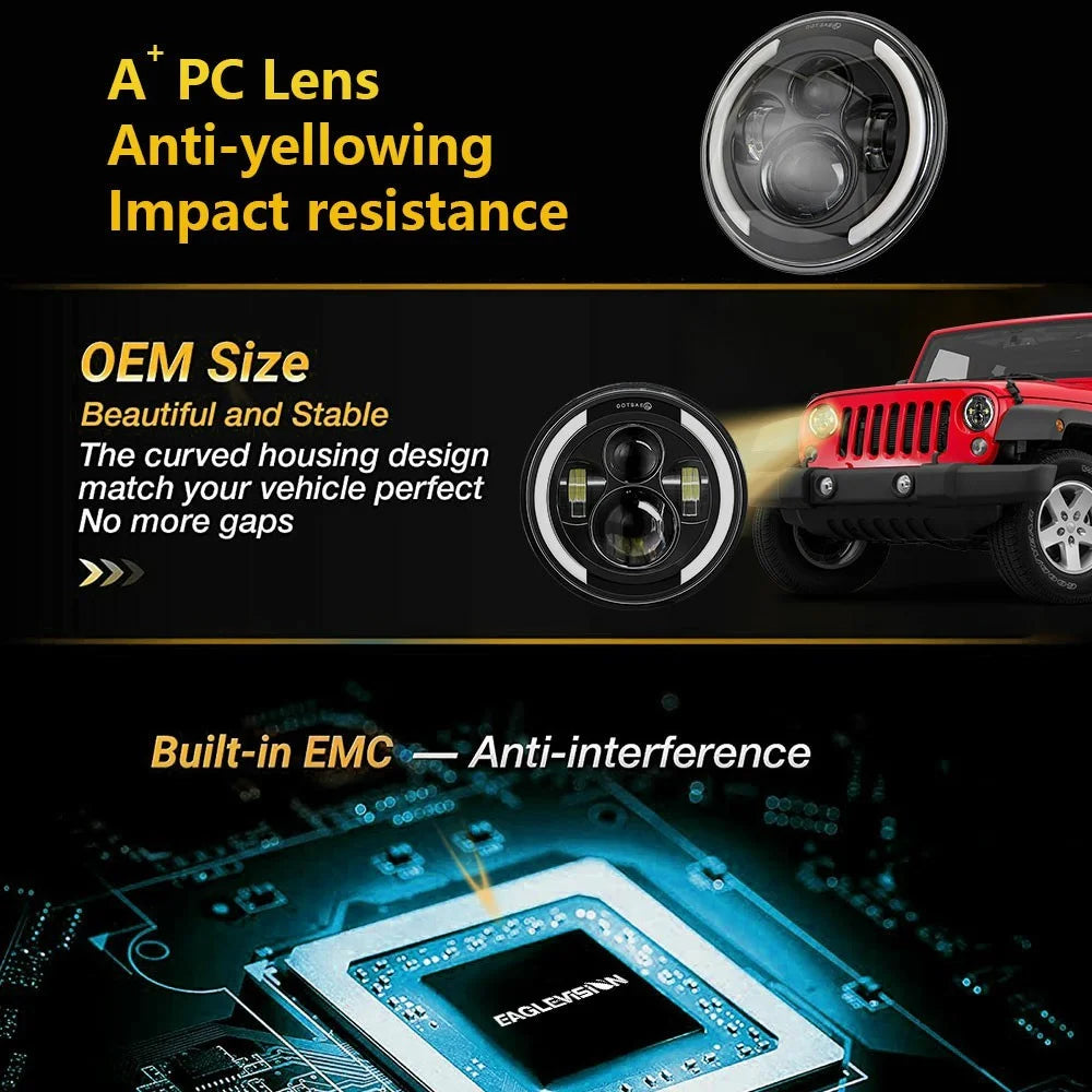3rd Gen 7 Inch H4 Car LED Headlight Angel Eye Round DRL Turn Signal Lamp for Jeep Wrangler Off-road - 7