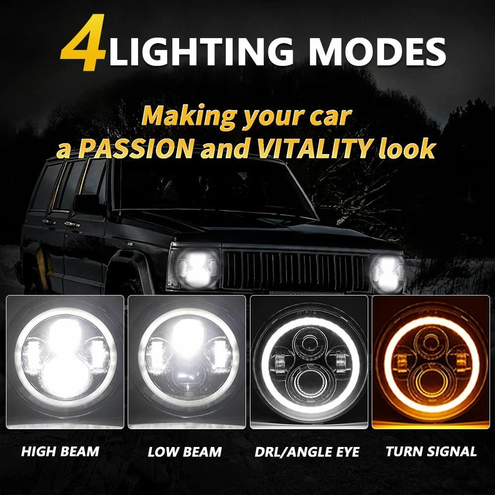 4th Gen 7 Inch H4 Car LED Headlight Angel Eye Round DRL Turn Signal Lamp for Jeep Wrangler Off-road - 4
