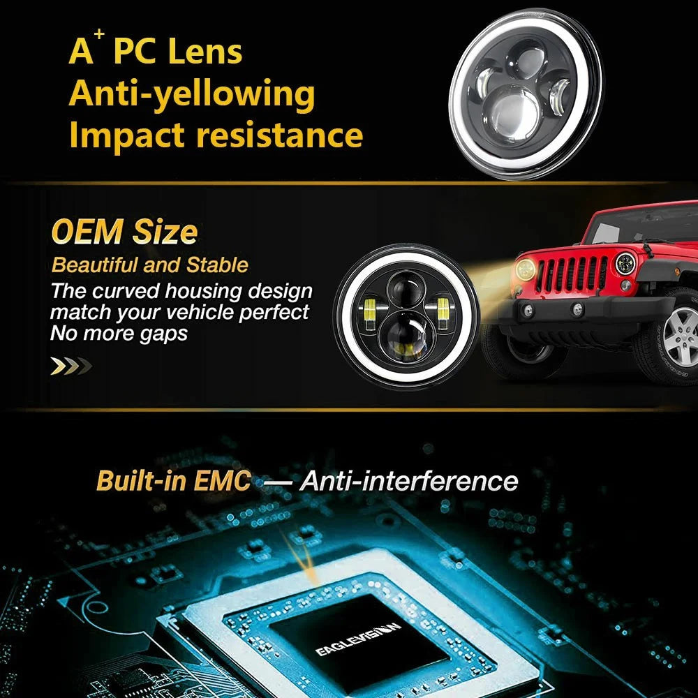 4th Gen 7 Inch H4 Car LED Headlight Angel Eye Round DRL Turn Signal Lamp for Jeep Wrangler Off-road - 7