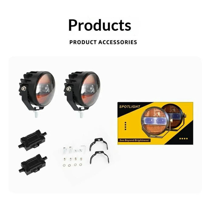 2Pcs Yellow and White Light Round LED Spotlight 65W 12000LM Auxiliary Driving Lamp for Car Motorcycle ATV - Black - 6