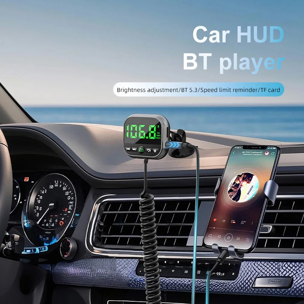 C80 6-in-1 Car HUD Display Bluetooth-compatible 5.3 FM Transmitter Speed Monitor TF Card Car Audio Adapter Receiver for Dashboard - 3