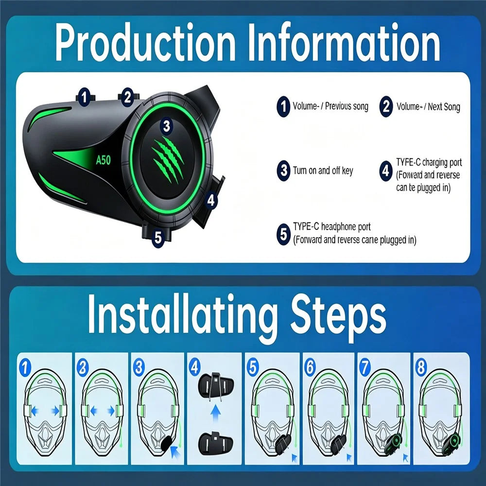 A50 Pro Hi-Fi Stereo Sound Motorcycle Helmet Bluetooth-compatible Intercom Earphones with Hard Mic for Riding - 7