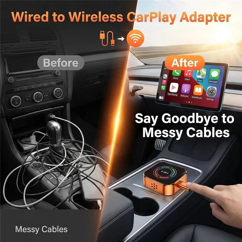 4223M 4 in 1 Wireless CarPlay Android Auto Adapter Mirror Airplay Miracast for Cars with Wired CarPlay - Orange - 2