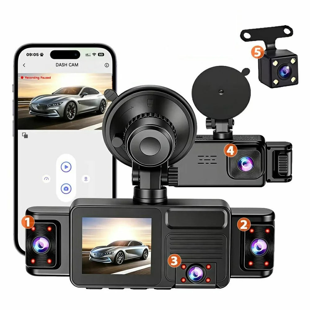 A52 5-Channel 2K WiFi Dash Cam 360 Degree Panoramic Car Driving Recorder - Black - 1