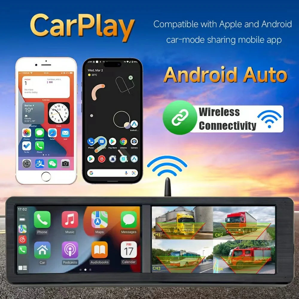 T106 15.6 Inch CarPlay Dash Cam Monitor Wireless Solar Magnetic Backup Camera for Truck RV - Black - 3