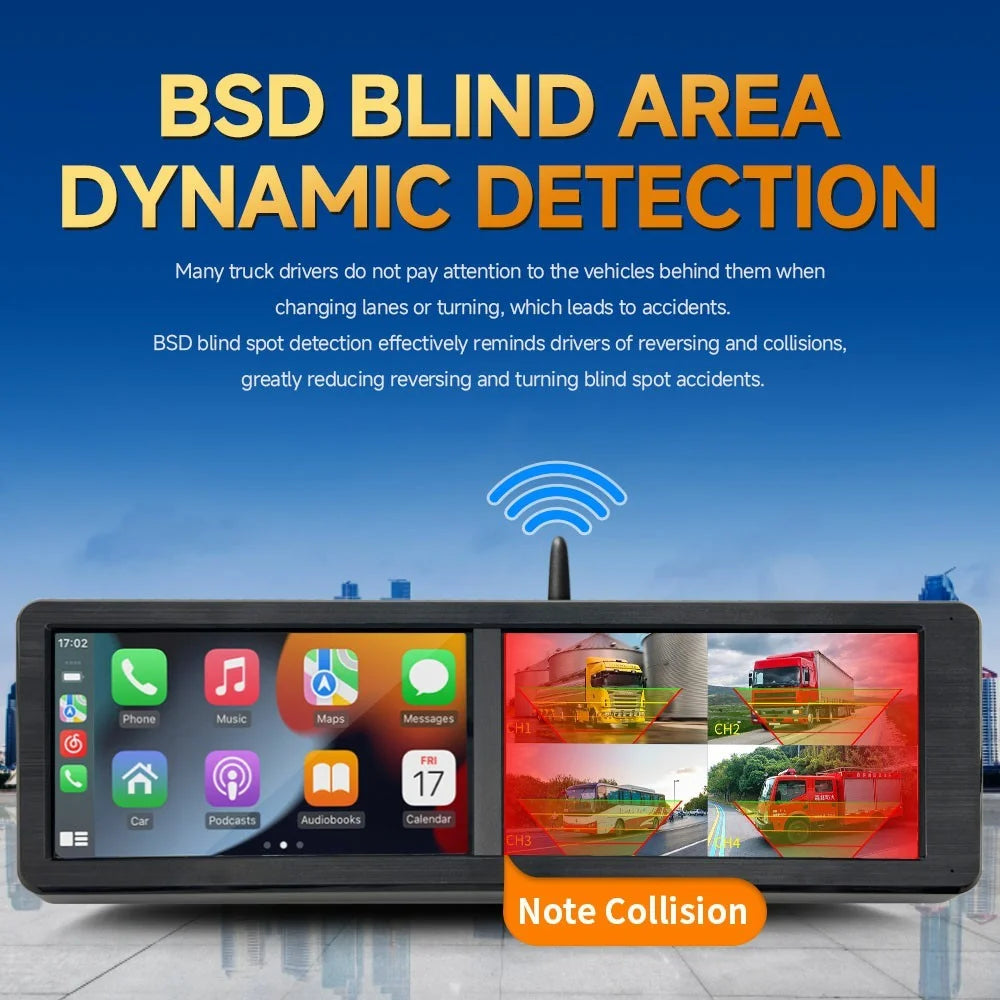 T106 15.6 Inch CarPlay Dash Cam Monitor Wireless Solar Magnetic Backup Camera for Truck RV - Black - 4