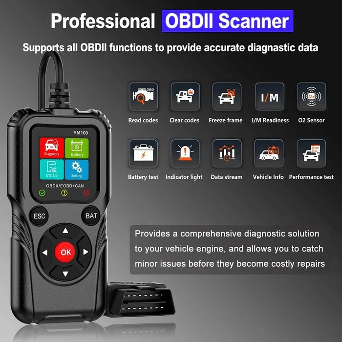 YM109 2.8 inch Color LCD OBD2 Scanner with Battery Test Car Diagnostic Code Reader - Black - 2