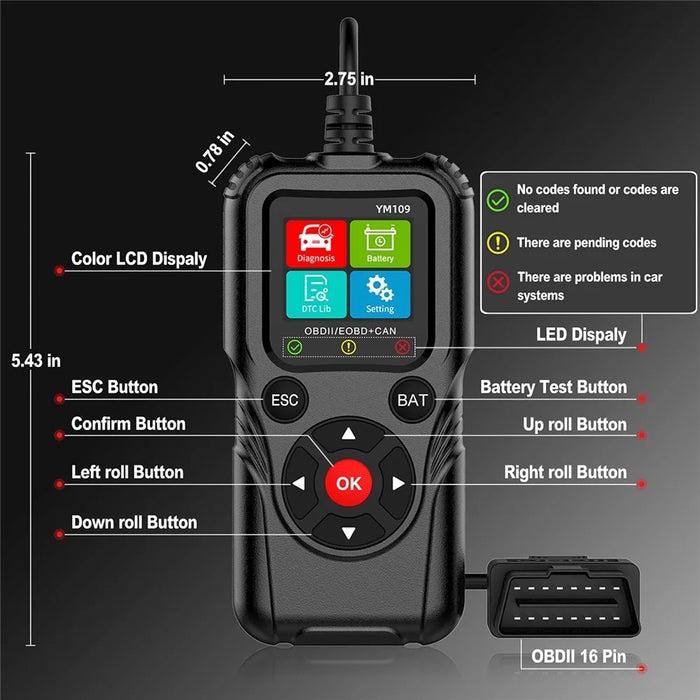 YM109 2.8 inch Color LCD OBD2 Scanner with Battery Test Car Diagnostic Code Reader - Black - 3